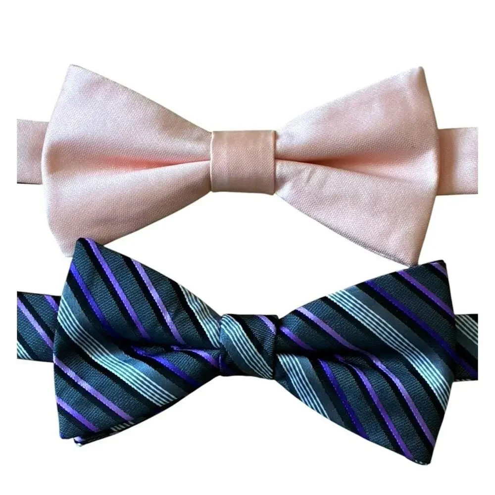Lot of 2 Men's Bow Ties Pre-Tied Adjustable Pink & Purple Striped Black Apt 9